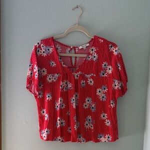 Madewell Red Floral V-Neck Short Sleeve Top